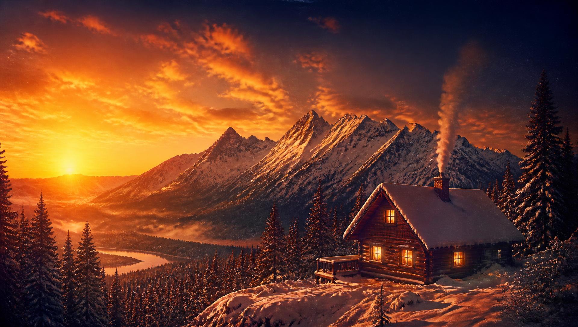 Snow covered cabin glowing at golden hour below mountain peaks