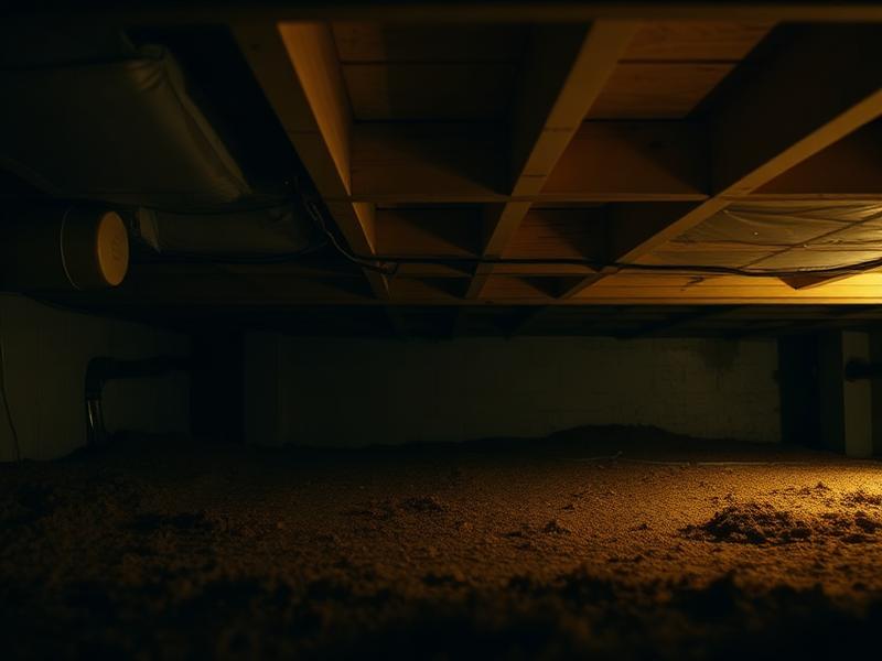 Crawl space under a home with insulated floor joists
